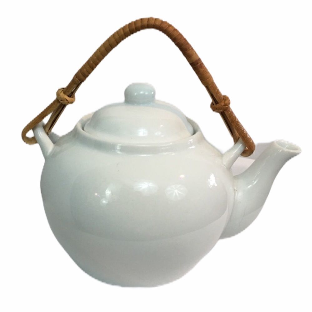 Pier 1 Sakai Bamboo Handle White Porcelain Teapot